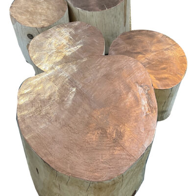 copper tops round stumps, hand carved stools, hand carved stumps